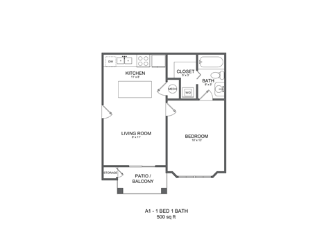 Floor plan for 1 bed, 1 bath, 500 sqft